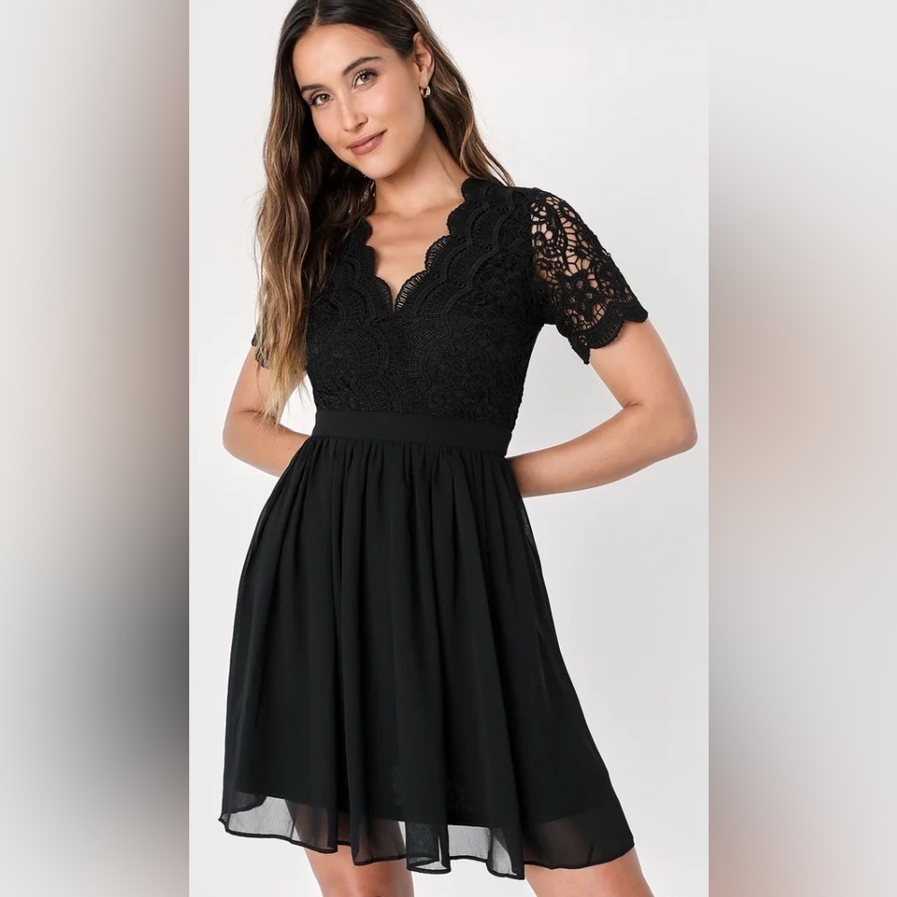 Lulus Black Angel in Disguise Lace Skater Dress size S
